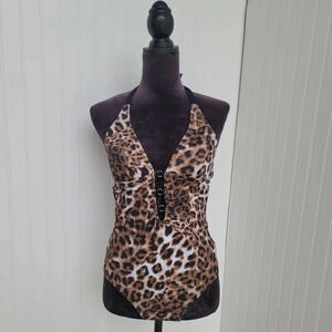 Guess USA Women's 1 Pc Brown Black Gold Leopard Swim Bathing Suit 377132 Sz M